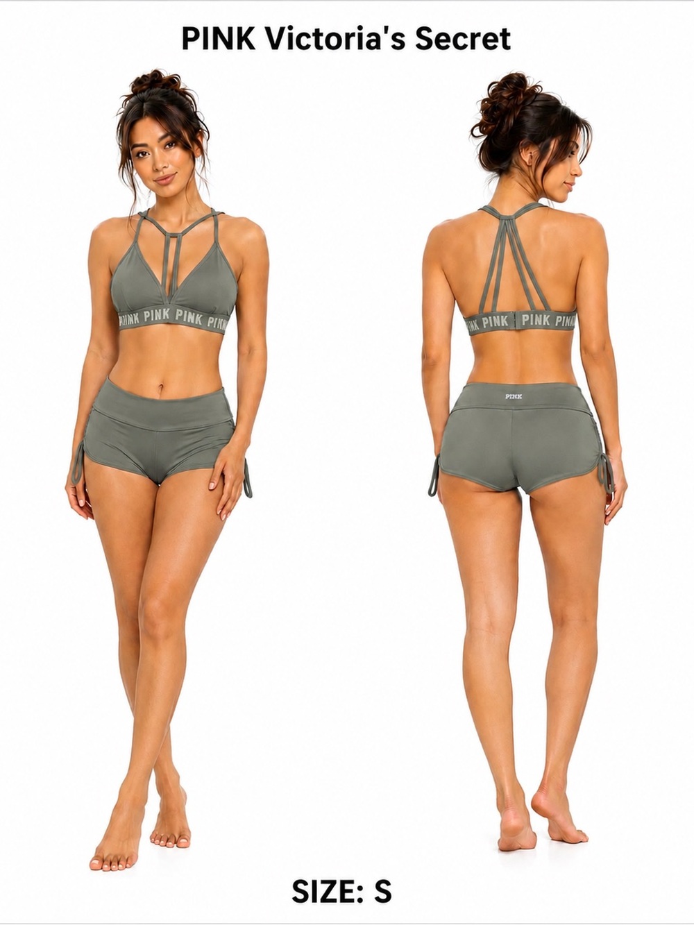 PINK Victoria's Secret Olive Strappy Bralette & Short Set Small